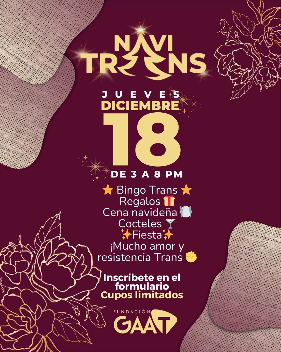 🎄✨ ¡Se viene la #NaviTrans 2025! ✨🎄
Te esperamos en esta 8va versión de nuestra juntanza Trans para cerrar el año bailando, riendo y celebrando la vida💜​￼​
🗓️ Jueves 18 de diciembre
🕒 De 3:00 p.m. a 8:00 p.m.
📲 Inscripción previa en este enlace
forms.gle/zRezjAAPb8yDFt…