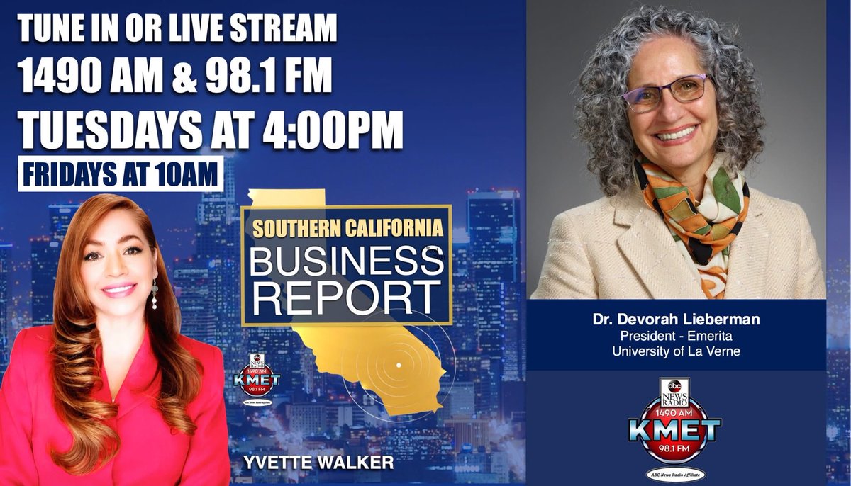 TODAY @ 4pm - <a href="/KMETRadio/">KMET1490AM</a>  
&amp; FRIDAYS @ 10am
📺: vimeo.com/event/4790975/…

Dr. Devorah Lieberman, is a visionary who nearly doubled <a href="/ULaVerne/">University of La Verne</a> budget from $118 million to $220 million and quadrupled its endowment from $36 million to $151 million

<a href="/abcnews/">ABC News</a> <a href="/abc/">ABC News</a> @liebermandevorah