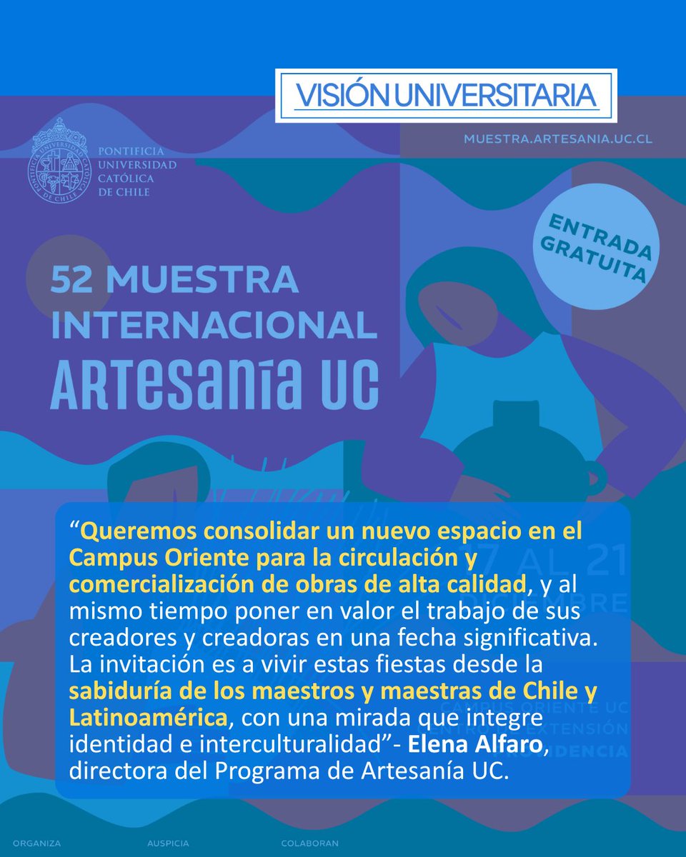 #ArtesaníaUC | La Muestra de Artesanía UC celebra su edición 52 con entrada liberada y por primera vez en Campus Oriente 🙌

🧵 100 artesanos de Chile y el mundo
🏺 Oficios, tradición y creación contemporánea
📅 17–21 de diciembre | 11:00–20:00 hrs
📍 Campus Oriente UC
🔗 Lee más