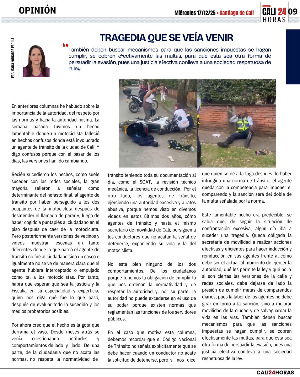 Los invito a leer a nuestra columnista Maria Fernanda Penilla "TRAGEDIA QUE SE VEÍA VENIR"
#MariaFernandaPenilla #TragediaCali #AgenteDeTransito #SeguridadVial #Justicia.