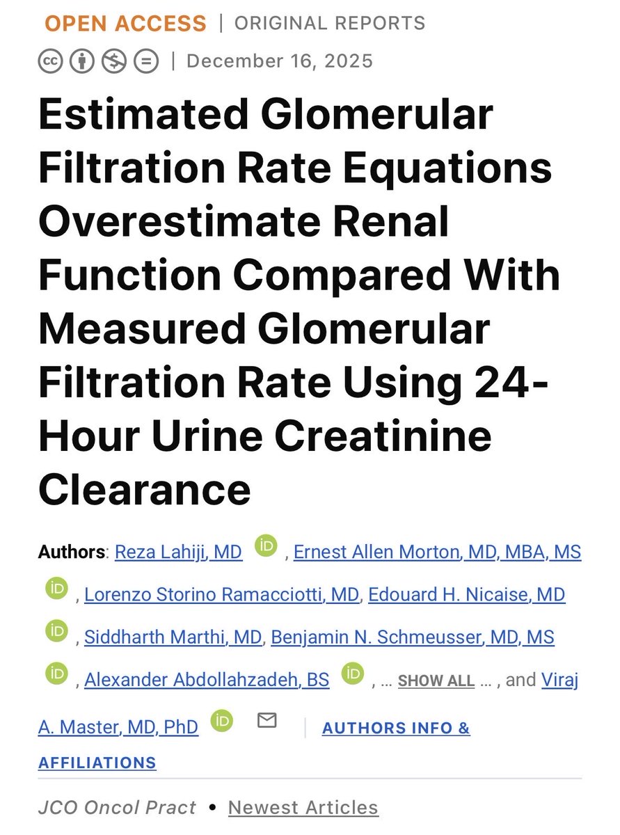 ⚠️ New Publication⚠️

Our #prospective study comparing #eGFR equations to measured GFR in determining renal function for trial eligibility, surgery and systemic therapy is now available <a href="/JCOOP_ASCO/">JCO Oncology Practice</a> 

DOI: doi.org/10.1200/OP-25-…

#cancer #urology #trials #chemotherapy #RCC