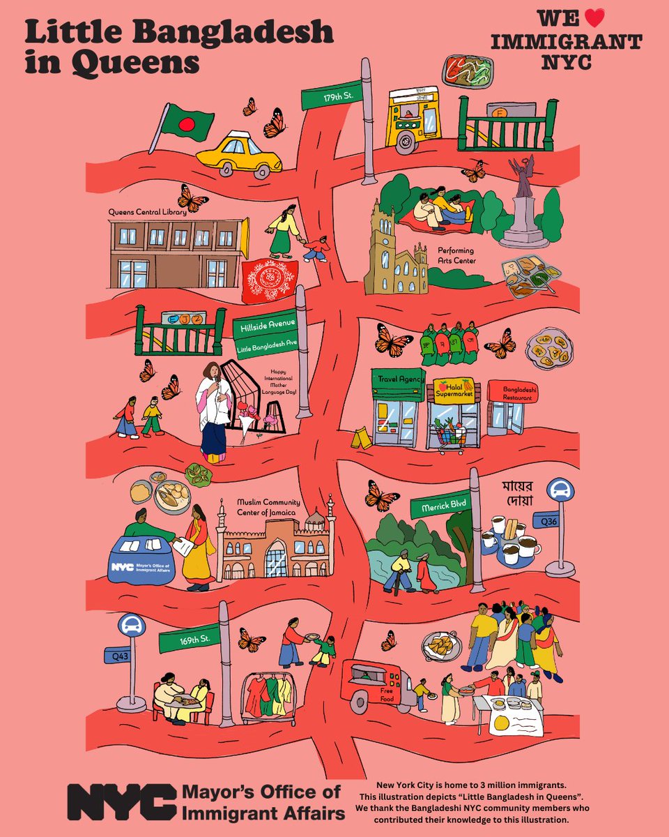 NYCImmigrants's tweet image. Today on 12/16 in honor of Bangladesh’s #VictoryDay, we're  unveiling our newest #MOIAImmigrantEnclaveIllustration, “Little Bangladesh in Queens.” Little Bangladesh is a vibrant cultural &amp;amp; commercial cornerstone for the Bangladeshi American diaspora. Visit nyc.gov/immigrantherit…