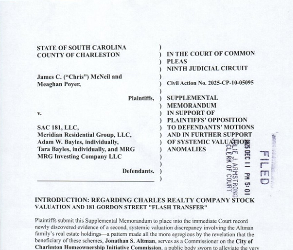RocketMcNeil's tweet image. Just filed a smoking‑gun memo in our South Carolina tenant lawsuit.

Turns out local "affordable housing" board chair profits from the house at the center of our tenant‑exploitation case while signing probate records that lowballed his family's Real Estate company ~95%. 🧵 1/11