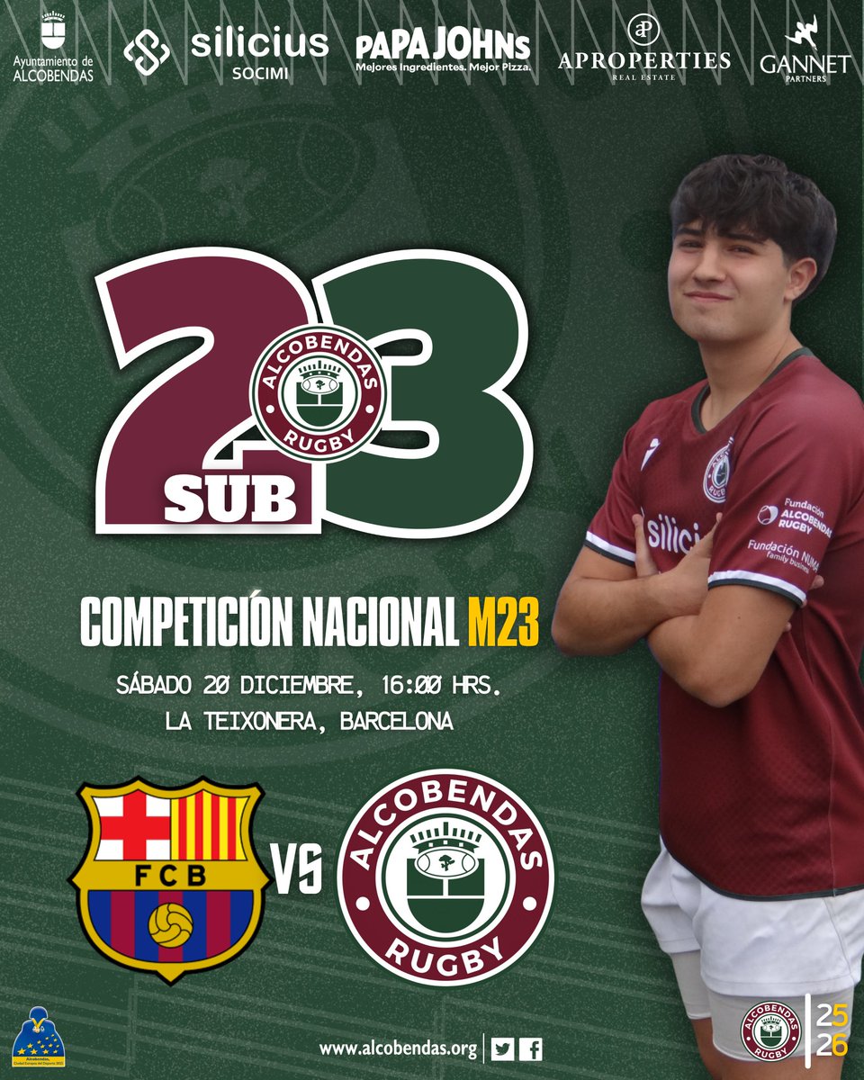 Competición Nacional M23
Nuestro Silicius Alcobendas Rugby S23 viaja a Barcelona para medirse al <a href="/FCBarcelona/">FC Barcelona</a> Rugby

📅 Sábado 20 de diciembre
🕓 16:00 h
📍 La Teixonera

A competir con identidad y orgullo granate.
#SiempreGranates #ARUS23 #M23