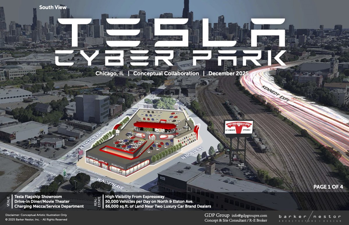 gdpgroupre's tweet photo. @elonmusk Elon,  Imagine a new Innovative concept across the country! “TESLA CYBER PARK“ 
with Drive-In Diner / Cinema, Charging, Show Room for S3XY, Cyber Truck, Optimus Robot, Robo Taxi, Starlink &amp; Service. See renderings ! Let’s start with Chicago, see the perfect location :) https://t.co/oCh2c3PJv7