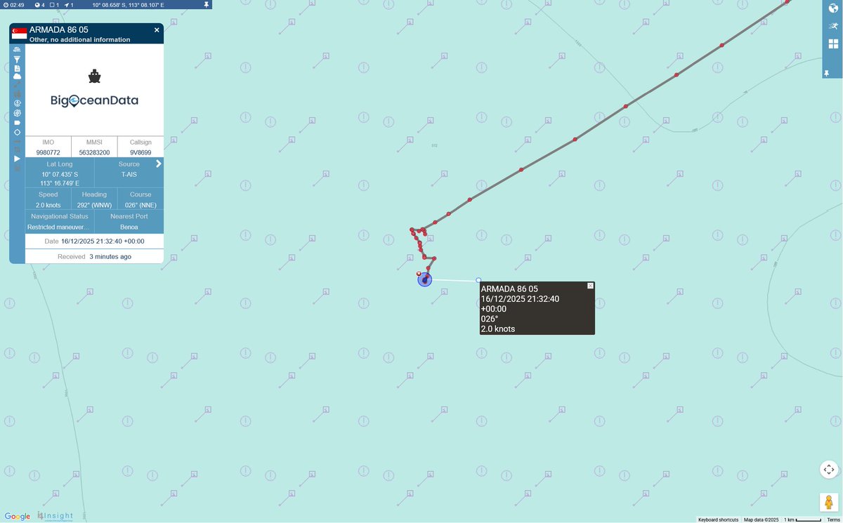 #OceanInfinity #MH370 Here is a look at Armada 86 05's track South of Indonesia. They may have an AUV in the water, possibly for testing or training. #vesseltracking by <a href="/BigOceanData/">BigOceanData</a>