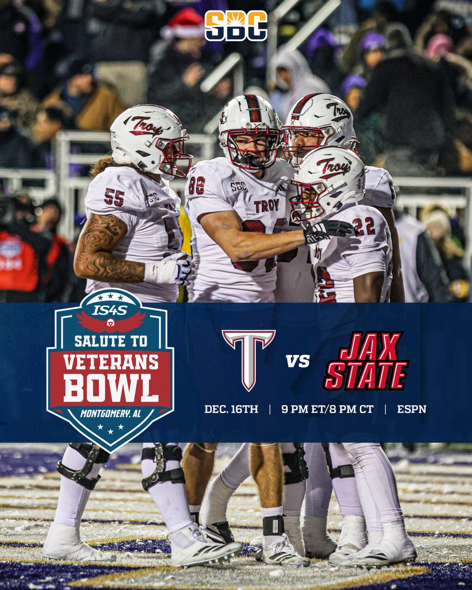 𝗜𝗦𝟰𝗦 𝗦𝗔𝗟𝗨𝗧𝗘 𝗧𝗢 𝗩𝗘𝗧𝗘𝗥𝗔𝗡𝗦 𝗕𝗢𝗪𝗟.

<a href="/TroyTrojansFB/">Troy Trojans Football 8x⚔️</a> kicks off the <a href="/SunBeltFB/">Sun Belt Football</a> Bowl Season in the <a href="/Salute2VetsBowl/">IS4S Salute to Veterans Bowl</a> at 9:00 p.m. ET/8:00 p.m. CT on ESPN. ☀️🏈