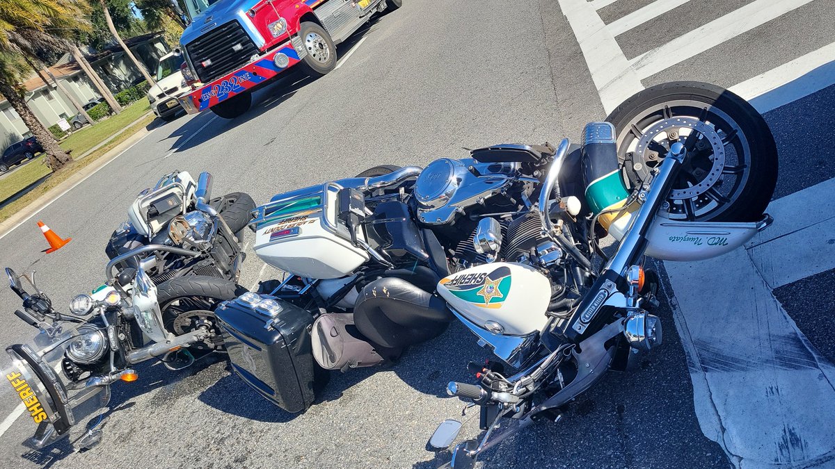 On the morning of Dec. 16, deputies responded to a traffic crash on Palm Coast Parkway NE involving two members of our own Motors Unit: Master Deputy Greg Nunziato and Deputy Matthew Mortimer.

The two deputies were traveling in the leftmost lane when they were struck by a