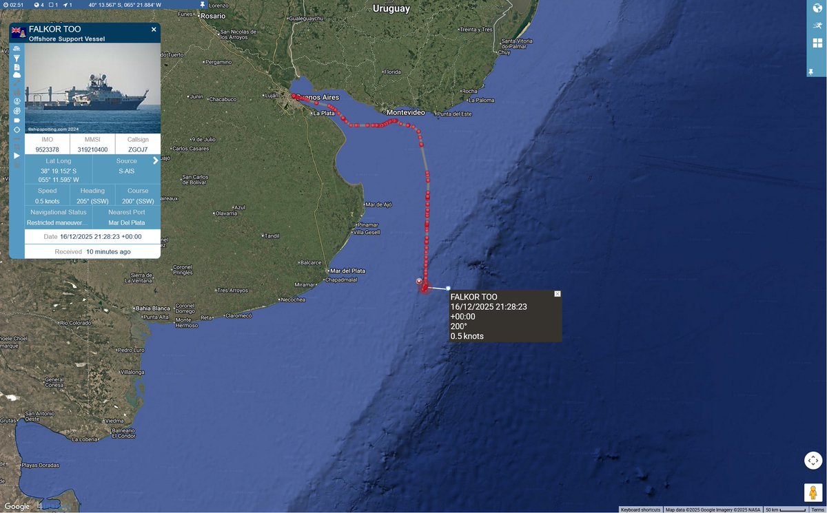 #RVFalkorToo Here is a look at Falkor Too's track off Argentina as they recover the ROV. #vesseltracking by <a href="/BigOceanData/">BigOceanData</a>