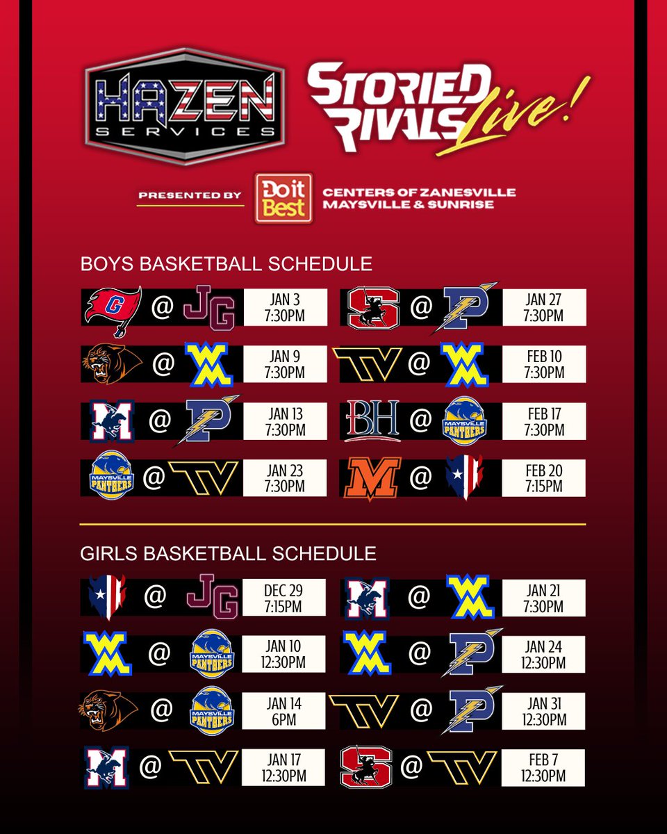 Our Hazen Services Storied Rivals LIVE, presented by the Do-It Centers of Zanesville, tips off December 29! 🏀

We'll bring you 16 LIVE games — 8 boys and 8 girls matchups! Full schedule below! ⬇️