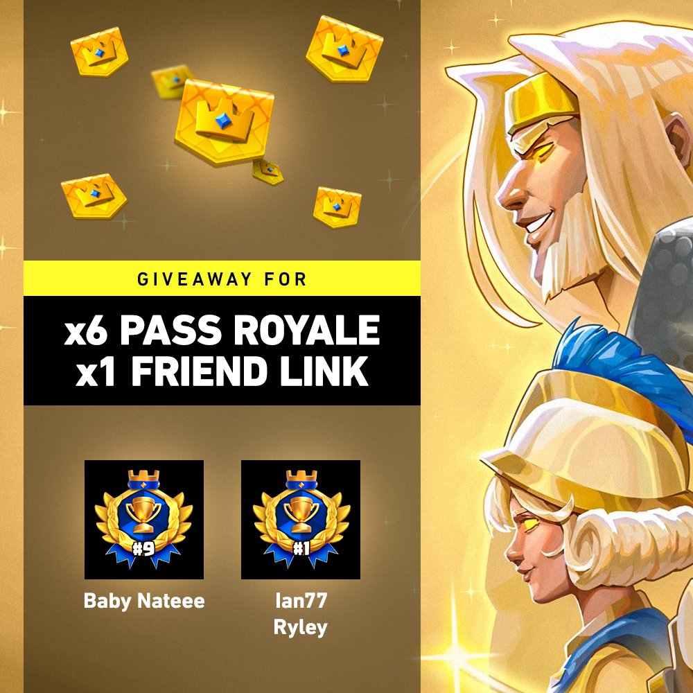 🎁 GIVEAWAY 🎁

🏆 ×6 Pass Royale
🏆 ×1 Friend Link

To Enter : 

- Like &amp; Repost ❤️♻️
- Follow <a href="/FFlevi_/">Levi</a> 
- Follow <a href="/Panda4Realss/">Allen</a> 
- Follow <a href="/RyIey42/">RyIey</a> 
- Follow <a href="/Ian77cr1/">Ian77</a> 
- Follow <a href="/NateJfl/">Code: Nate</a> 
- Comment Any Emoji 💬

Good Luck , Winners In 1 Week ⏰️ #ClashRoyale