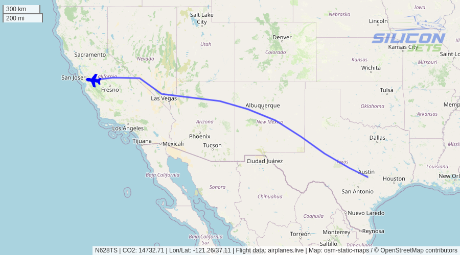 SiliconJets's tweet photo. N628TS (#gulfstream G650 reportedly used by #elonmusk) no longer detected in flight. Emissions est. 15955 kg #CO2 (compared to 827 kg flying commercial). #CO2emissions https://t.co/X1WVEB2KmW