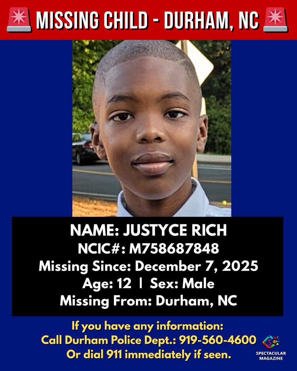 🚨 MISSING CHILD – #durhamnc  🚨
12-year-old Justyce Rich has been missing since Dec. 7. Authorities &amp; family urgently need the public’s help.
If you have ANY info:
📞 Durham PD: 919-560-4600
📞 Call 911 if seen
Please share. Your post could be the one that brings Justyce home.