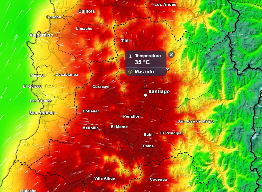⚠️ Máximas 16.12.25 #RM

38,4 Huechún (Til-Til)
37,5 Lo Pinto
36,6 Lampa
36,4 Buin + Huelquén
36,2 Polpaico
36,1 Til-Til
35,4 Pudahuel
35,2 Colina
35,1 Isla de Maipo
34,7 Alhué
34,2 San Pedro Melipilla + Talagante
32,9 San José de Maipo

Oficial Santiago 35,1° <a href="/meteochile_dmc/">MeteoChile</a>