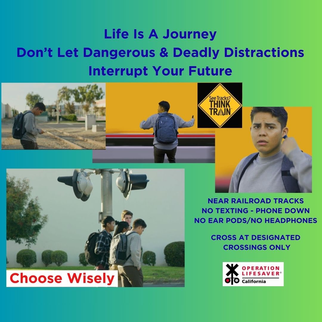CAOpLifeSaver's tweet image. Make safe decisions near tracks and trains. No texting, put your phone down, no ear pods/no headphones. 
Stay Alert and cross only at designated crossings. #ChooseWisely #RespectTheRails 
#NoDistractions #SafetyFirst