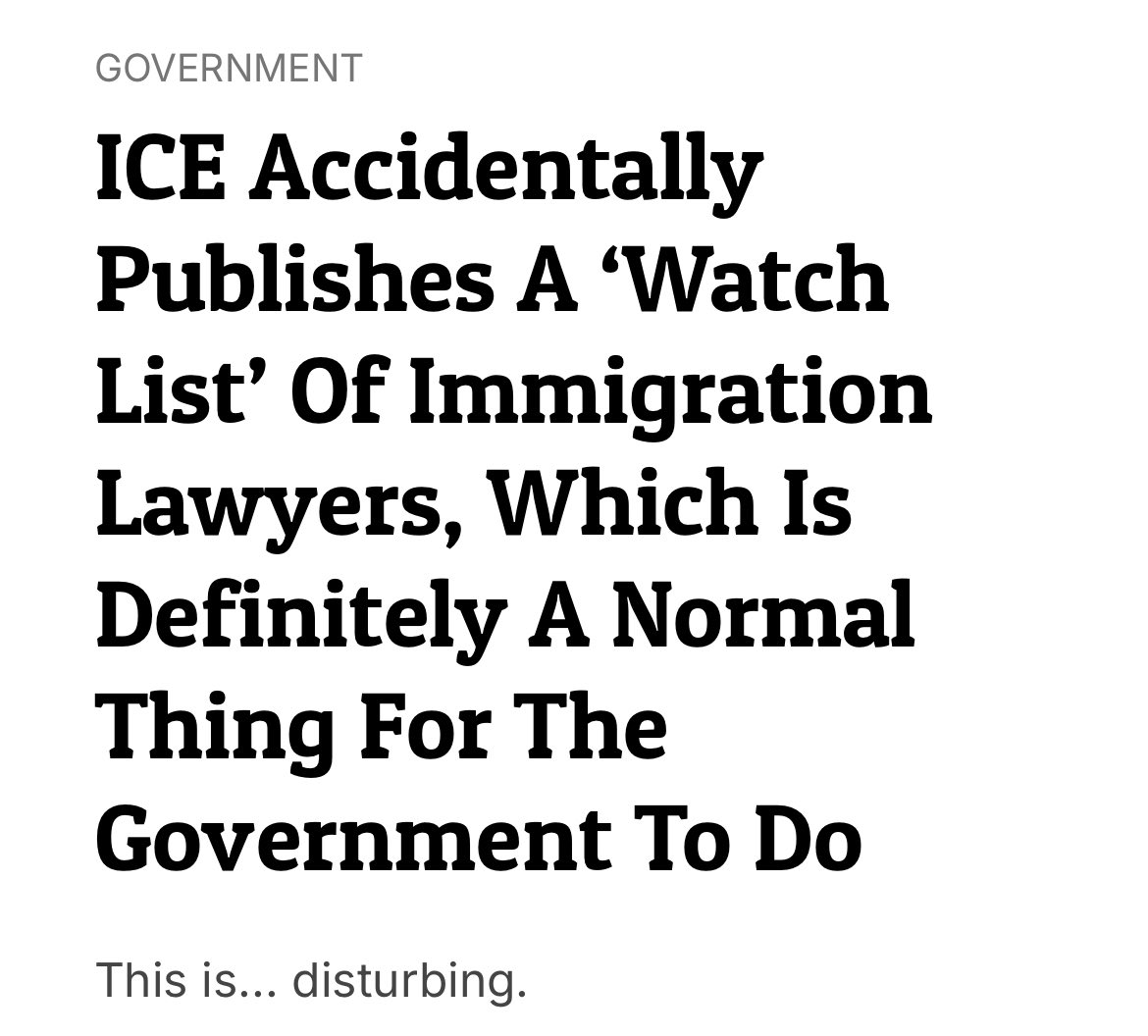 TheJFreakinC's tweet image. 🚨BREAKING: ICE accidentally published a government watch list of immigration lawyers… because nothing says “healthy democracy” like federal agencies quietly cataloging the attorneys who challenge them.

Yes, really.

Immigration and Customs Enforcement posted what appears to be…