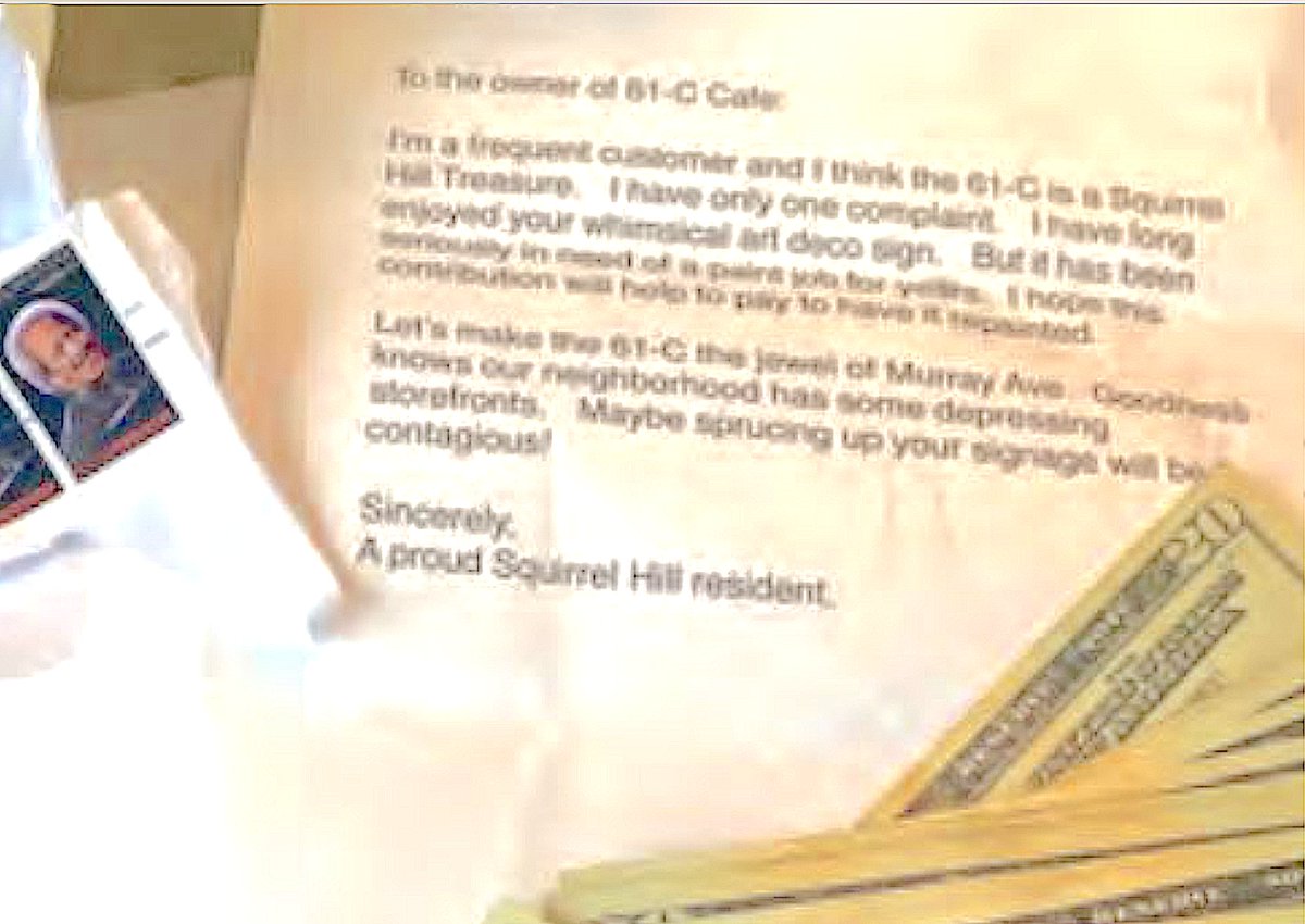 simplesue's tweet image. Was delighted when Mona found this and showed it to me. The logo I designed for the 61c Cafe in Squirrel Hill about 32 yrs. ago had an anonymous donation to restore the logo/sign! @SquirrelHillMag