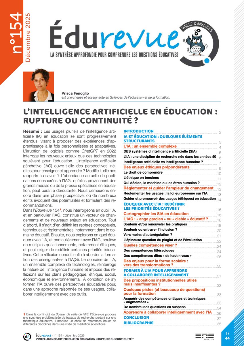 🧑‍💻 #IntelligenceArtificielle | Tous niveaux

🔶 «  L’intelligence artificielle en éducation : rupture ou continuité ? » – L’Édurevue n°154 analyse en quoi l’#IA générative constitue un vecteur de changements et de nouveaux enjeux en éducation :

👉 veille-et-analyses.ens-lyon.fr/DA/detailsDoss…