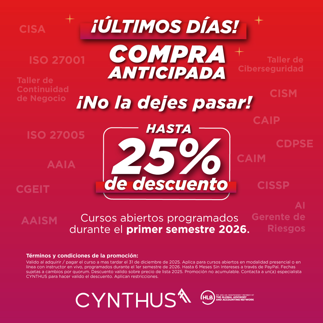 🚀 Aprovecha este descuento y asegura tu capacitación en el 2026. 

Adquiere cualquiera de nuestros cursos abiertos programados durante el primer semestre, con: 

💰 25% OFF al contado 
💳 15% OFF a MSI 

Vigencia solo hasta el 31 de diciembre de 2025.
👉cynthus.com.mx/calendario-de-…