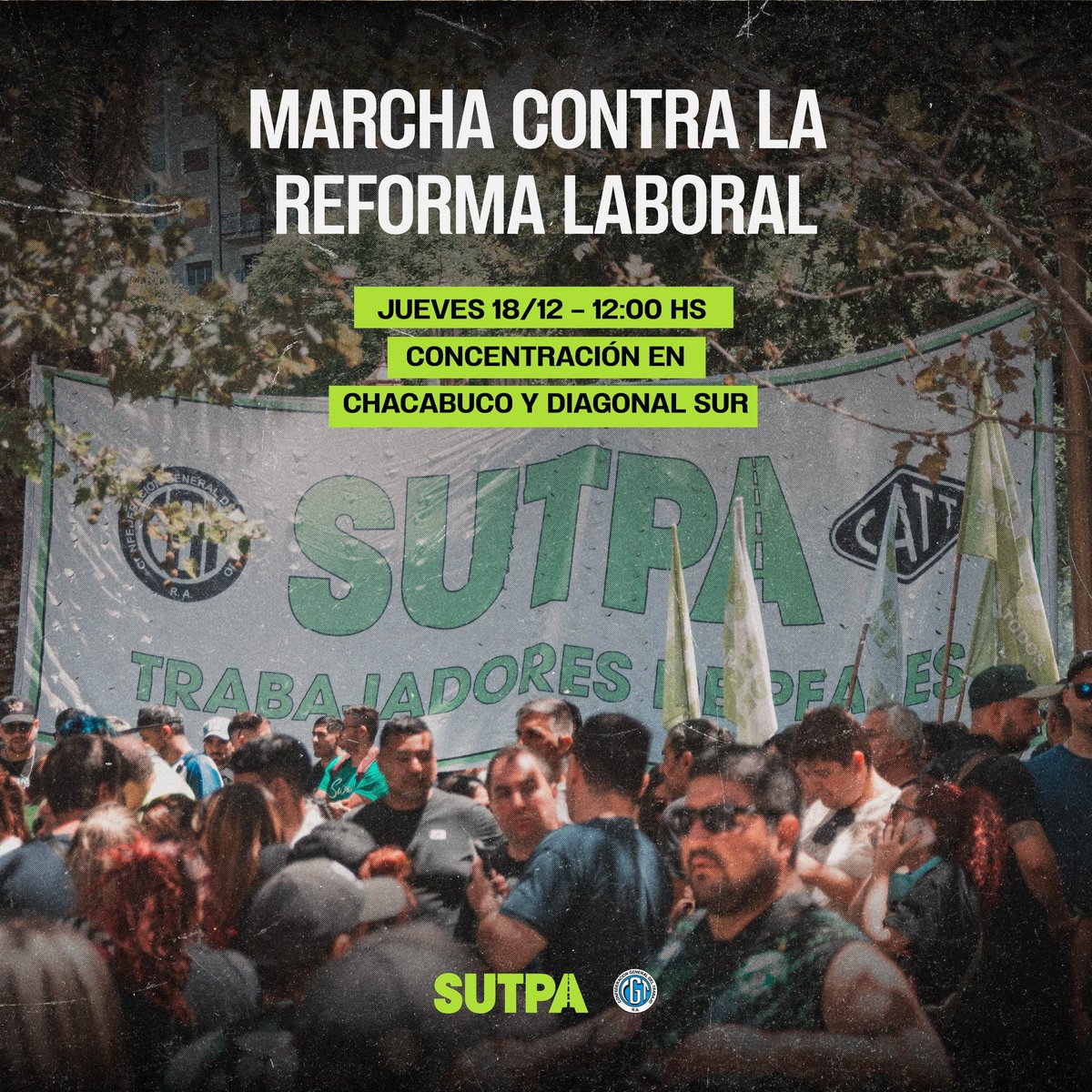 Este jueves 18 de diciembre, las y los trabajadores de peajes y afines adherimos a la marcha convocada por la <a href="/cgtoficialok/">CGT</a> contra la reforma laboral, en defensa de nuestros derechos, nuestras conquistas y de la dignidad que nuestro trabajo nos da cada día.
#SUTPASomosTodosYTodas