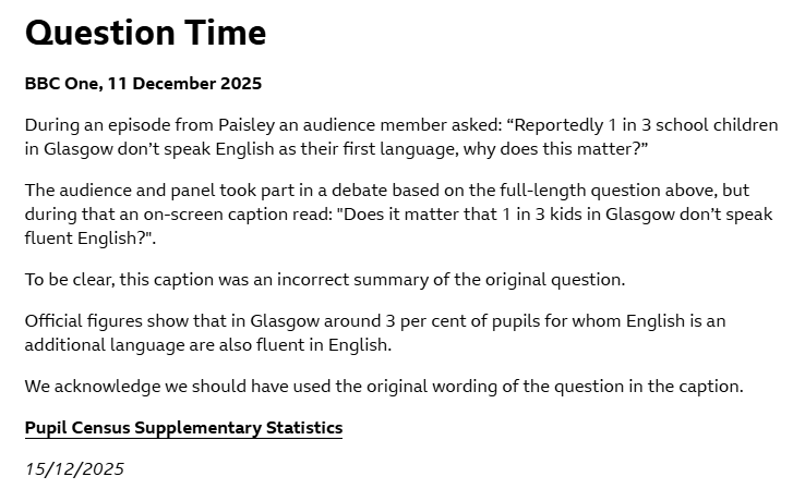 Glenn Campbell has criticised the Scottish Govt for publishing its Angela Constance clarification in "fairly obscure minutes".

The BBC has published a correction for its fake Question Time caption on its obscure online corrections page.

Vote of no confidence in the BBC?
