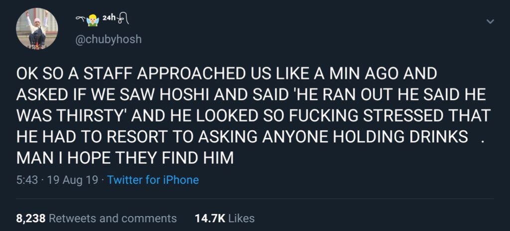 kwonwonhui's tweet photo. When Hoshi went missing at KCON LA and the staff panicked and started asking around if anyone had seen him, and #FindingHoshi ended up trending worldwide https://t.co/m7rjeETeRd