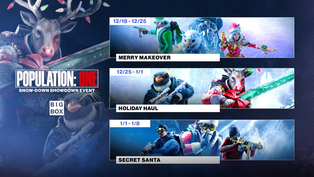 Save The Dates! Snow-down Showdown Event

❄️ Event Game Mode 1 - Merry Makeover: 12/18 - 12/25
❄️ Event Game Mode 2 - Holiday Haul: 12/25  - 1/1
❄️ Event Game Mode 3 - Secret Santa: 1/1  - 1/8