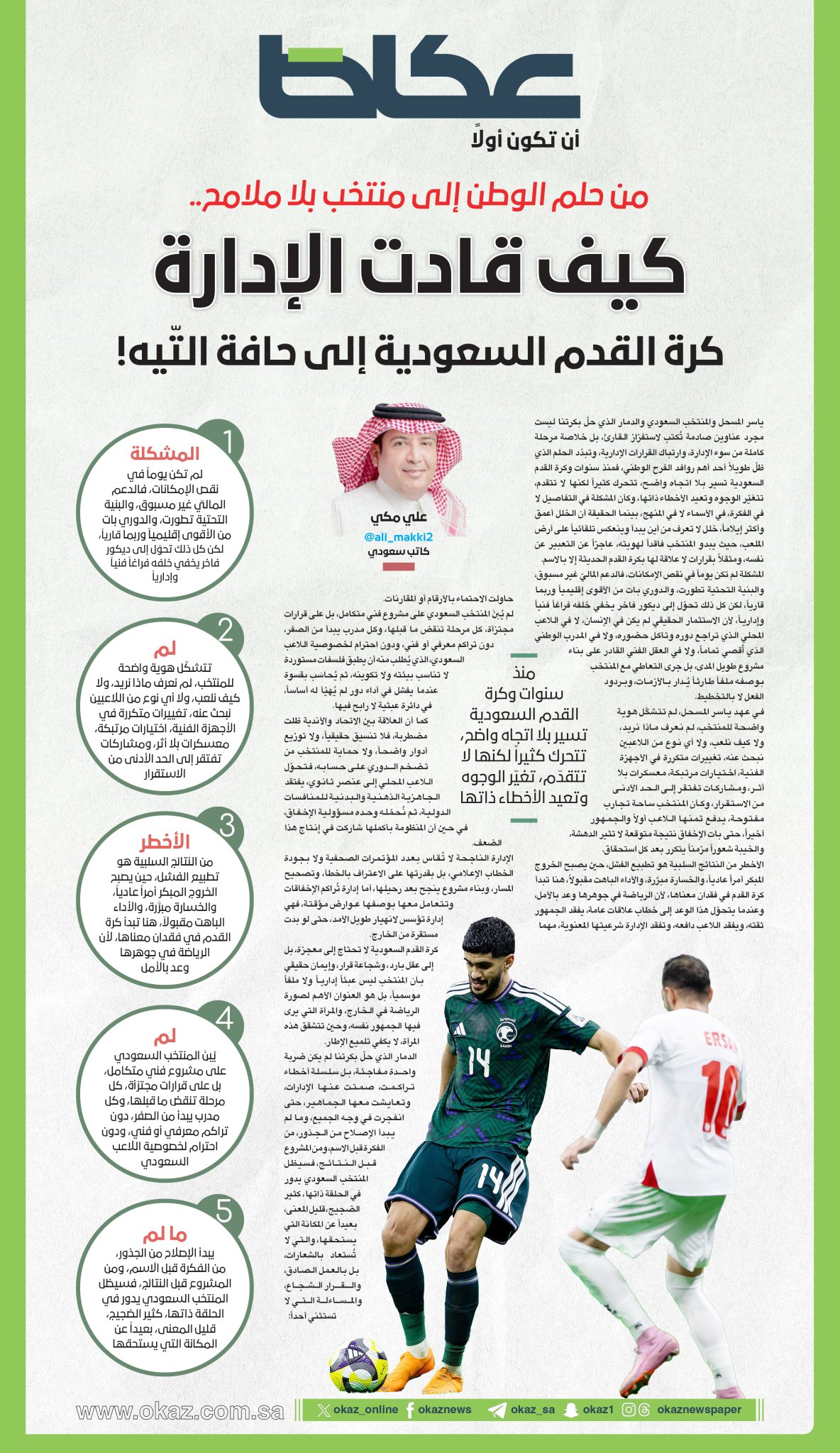 علي مكي يكتب: من حلم الوطن إلى منتخب بلا ملامح.. كيف قادت الإدارة كرة القدم السعودية إلى حافة التّيه 