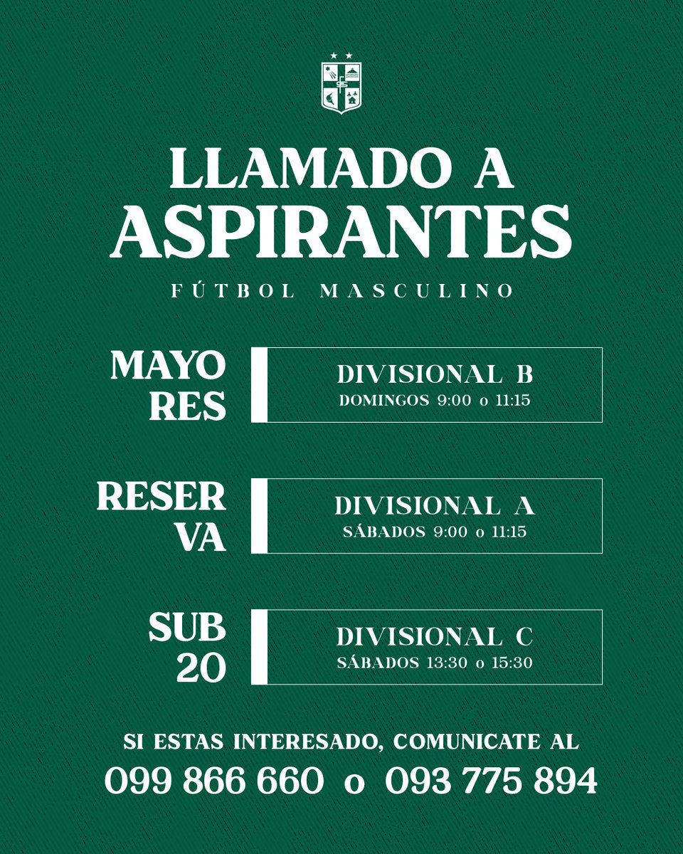 safauoficial's tweet photo. 📞 𝐋𝐋𝐀𝐌𝐀𝐃𝐎 𝐀 𝐀𝐒𝐏𝐈𝐑𝐀𝐍𝐓𝐄𝐒

#FutbolMasculino

Categorías: Mayores, Reserva, Sub20.

Si estás interesado, ¡anímate a escribirnos!

#FielALaPiel🟢⚪️

@LUD_Oficial @TodoligaTV https://t.co/r7pAfQwsVO