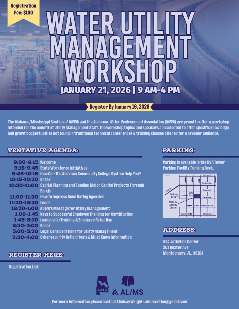 Registration Now Open!
Join us for the Water Utility Management Workshop on January 21, 2026, in Montgomery, AL.
📅 Deadline to register: January 16, 2026
🔗 Sign up here: form.jotform.com/253444370733052
Don’t miss this opportunity!