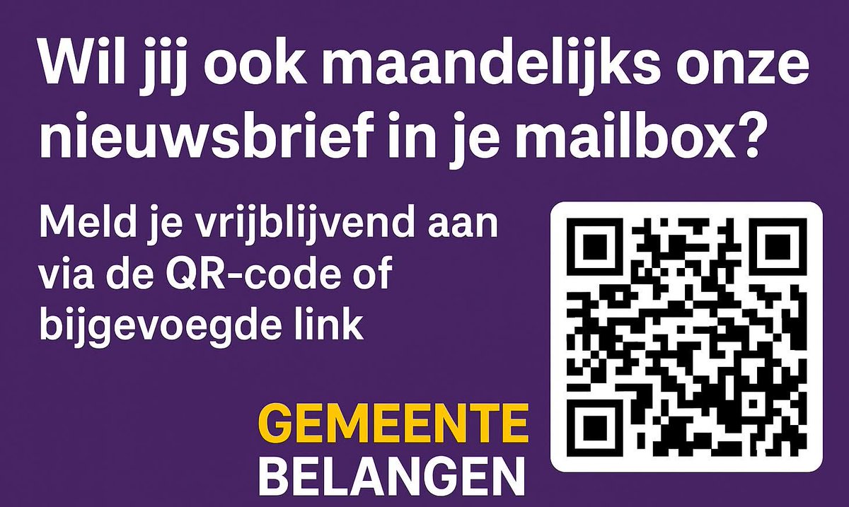 📬 𝗧𝗜𝗣! Via onze nieuwsbrief houden wij geïnteresseerden Voorsternaren op de hoogte van alles wat er speelt in onze fractie en de Voorster politiek. Aanmelden is eenvoudig!

➡️ Scan de QR-code of gebruik deze link:
…nte-belangen-voorst.email-provider.eu/memberforms/su…
