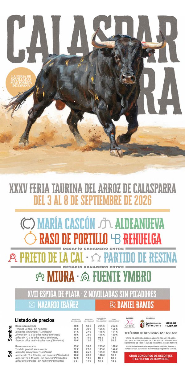 pedrommellinas's tweet image. Sensacional elenco ganadero para la feria de novilladas más torista de España, la #Calasparra. 

Destacaría el regreso de Rehuelga y Partido de Resina, junto a los 2 desafíos para cerrar el ciclo.

Del 3 al 8 de septiembre 👇