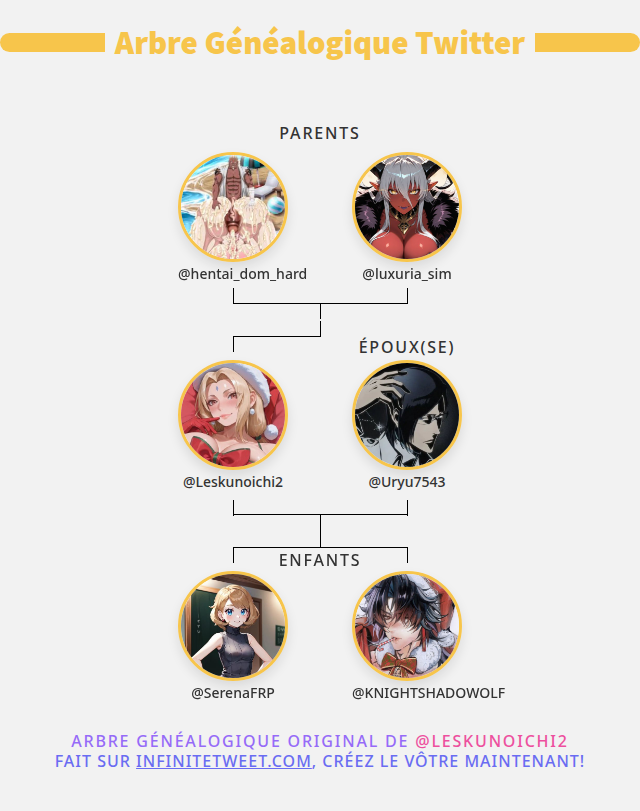 👨‍👩‍👧‍👦 Ma Famille Twitter:
👫 Parents: <a href="/hentai_dom_hard/">multi-muse-futa et mâle</a> <a href="/luxuria_sim/">☆🐑Demira 🐑rp/rpp☆(pause)</a>
👰 Époux(se): <a href="/Uryu7543/">Uryu75</a>
👶 Enfants: <a href="/SerenaFRP/">Serena</a> <a href="/KNIGHTSHADOWOLF/">𝒀𝒂𝒕𝒐𝒔𝒉𝒊 ~</a>

➡️ infinitetweet.me/family-tree?la…