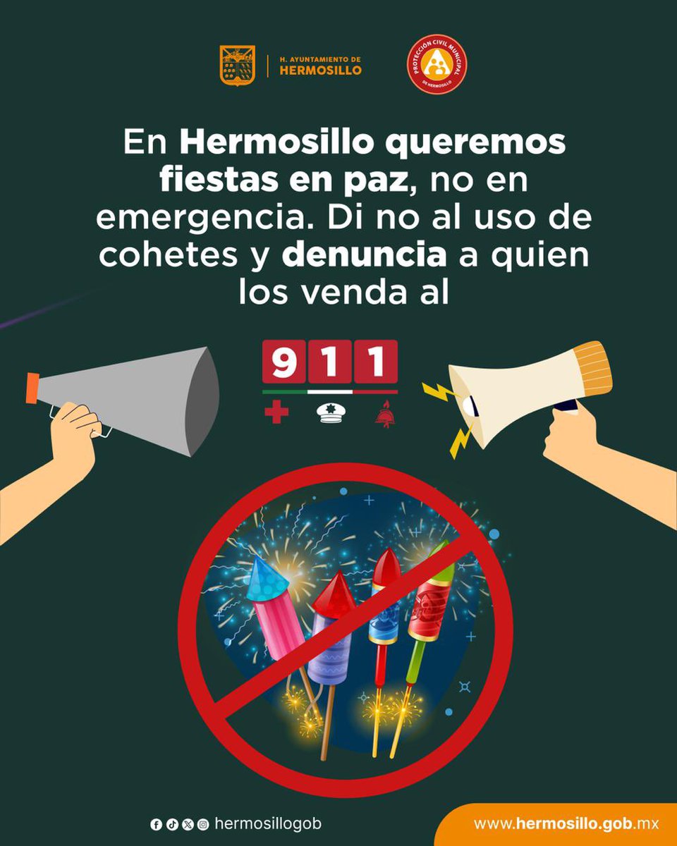 🚫🎆 Ayuntamiento de Hermosillo llama a respetar prohibición de pirotecnia

La compra, venta y distribución ilegal de pirotecnia está prohibida en Hermosillo.
Autoridades municipales advierten que su uso representa riesgos graves para la seguridad, la salud, las mascotas y el