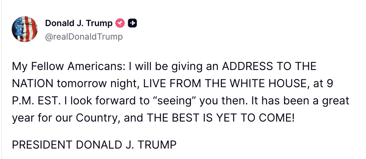 cryptorover's tweet image. 💥BREAKING:

PRESIDENT TRUMP SAYS HE WILL BE GIVING AN ADDRESS TO THE NATION TOMORROW NIGHT AT 9 PM EST.