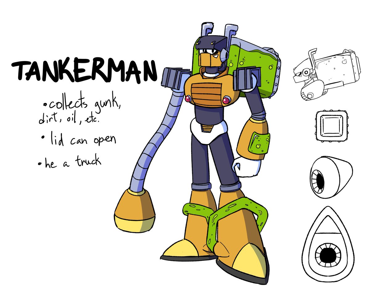 racon59's tweet photo. Thought I'd join in as well!
Tanker Man (Based on a vacuum truck)
Made to carry huge amounts of liquid matter, Tanker Man would be repurposed instead to concoct and spill toxic matter.
Pen Name: RACon
#MegaManDO
#DesignARobotMaster https://t.co/gFBg5wGfWB