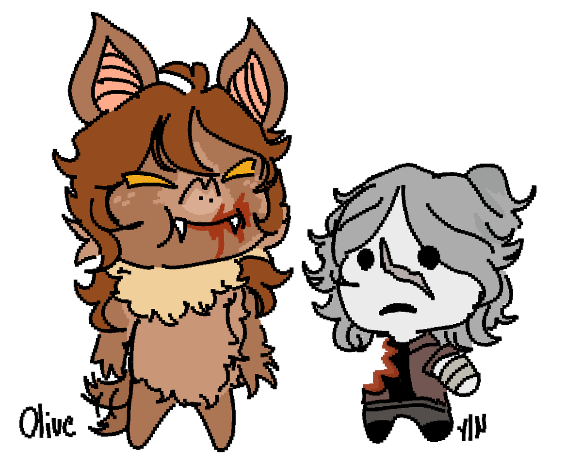 Batsy_wooly's tweet photo. "A doodle I made when I was bored. In the shape of Olive's bat."
(THIS FORM IS NOT CANON FOR OLIVE, it was just something I drew when I ran out of ideas)

"I liked how the drawing of Olive and Y/N turned out <⁠(⁠￣⁠︶⁠￣⁠)⁠>"

The creator of the AU is: @TheRealDeLacey https://t.co/HDjypHndFA