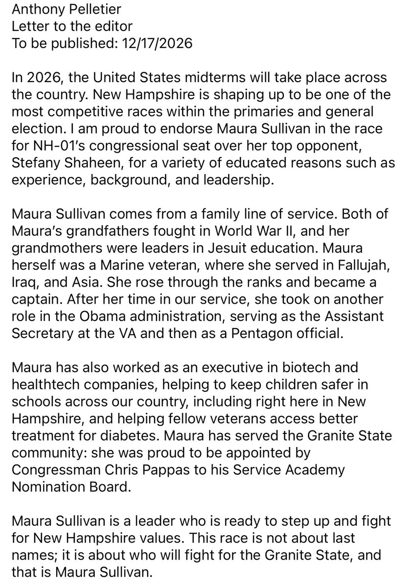 anthonysjp's tweet photo. Anthony Pelletier
Letter to the editor
NH-01
Please read below: @maurasullivan for Congress, a leader we can trust.
@WMUR9_Politics @WMUR9 #nhpolitics #NH01 #StefanyShaheen #MauraSullivan #MauraForNH #TeamMaura https://t.co/iAr3woVez6