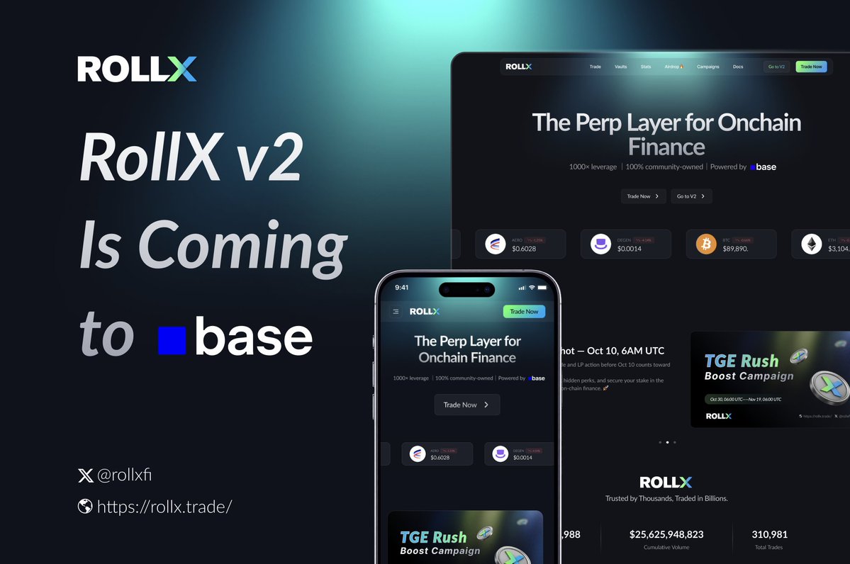 rollxfi's tweet photo. RollX is now entering its next chapter: RollX v2 🎊

Designed to bring a CEX-like perp trading experience onchain:

🔐 Self-custodial
🌐 Universal collateral
🟦 Built natively on @base
👥 100% owned by the community

Welcome to RollX v2. Join the waitlist below👇 https://t.co/9t73MlA9j7