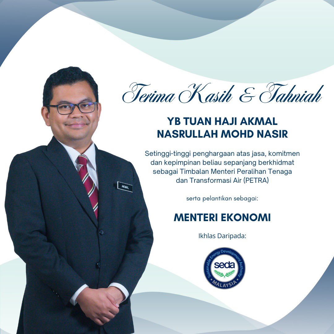 Setinggi-tinggi penghargaan atas khidmat bakti, dedikasi dan kepimpinan YB Tuan Haji Akmal Nasrullah Mohd Nasir sepanjang berkhidmat sebagai Timbalan Menteri Peralihan Tenaga dan Transformasi Air (PETRA), serta tahniah diucapkan atas pelantikan sebagai Menteri Ekonomi.

Semoga