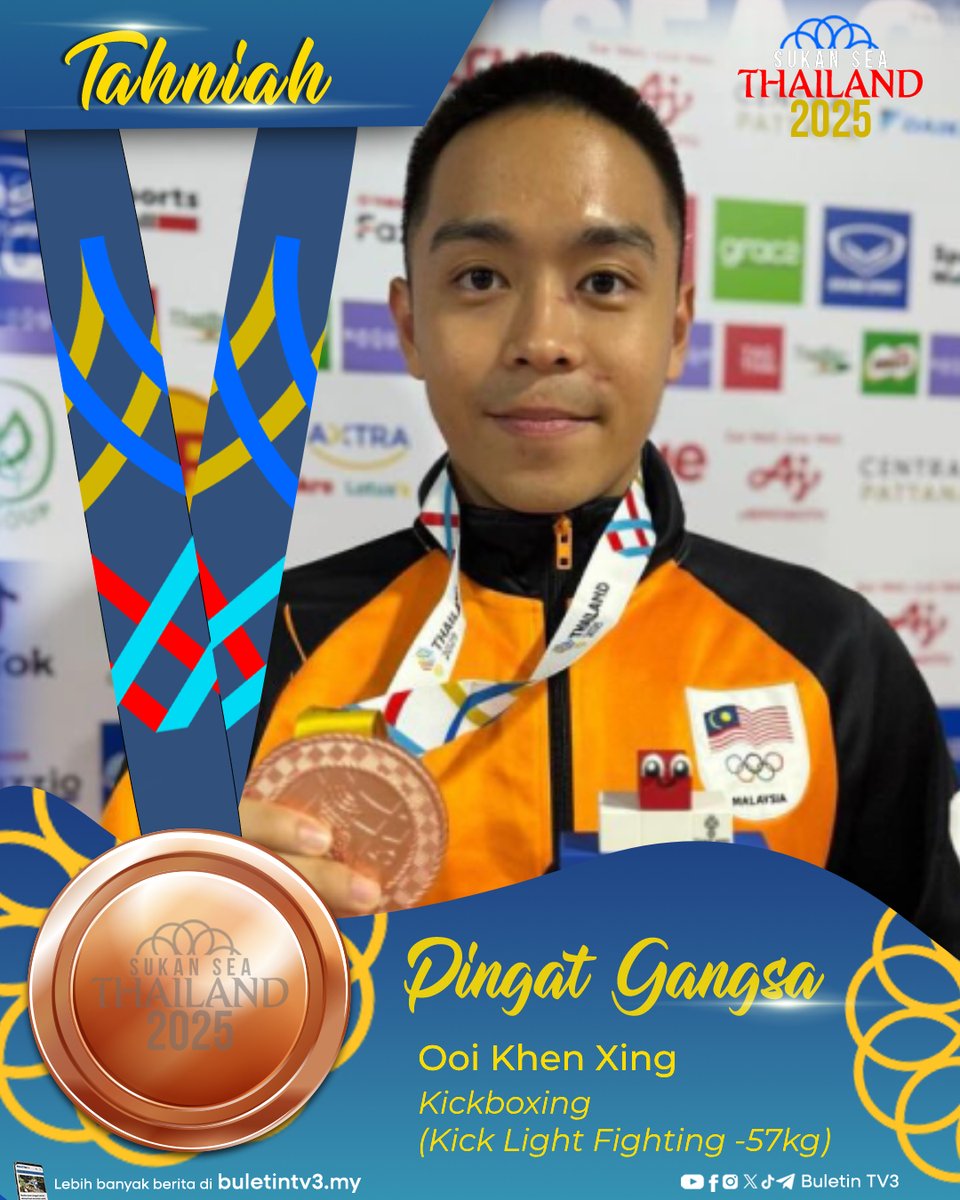BuletinTV3's tweet photo. SUKAN SEA 2025 | Atlet kickboxing negara, Ooi Khen Xing meraih pingat gangsa dalam acara Kick Light Fighting 57kg lelaki di Sukan SEA Thailand 2025.
#BuletinTV3 #SukanSEA2025 #Thailand #Gangsa #Kickboxing https://t.co/QyeNyYznmA