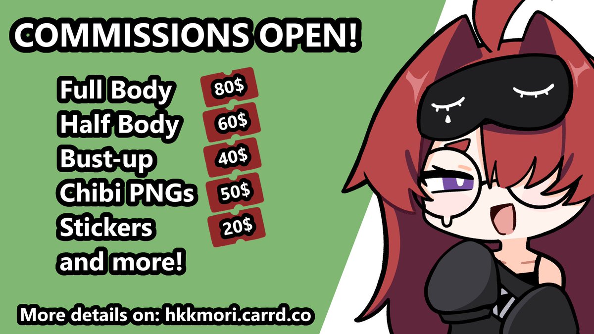 My commissions are open! 
SFW and NSFW are allowed. Guaranteed Delivery within two weeks, looking to fill two slots! DM if interested 😄

hkkmori.carrd.co