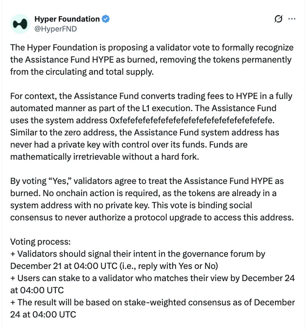 🔴COINTELGRAPH: ⚡️ La Hyper Foundation propone un voto dei validatori per bruciare $HYPE, riducendo permanentemente l'offerta circolante.