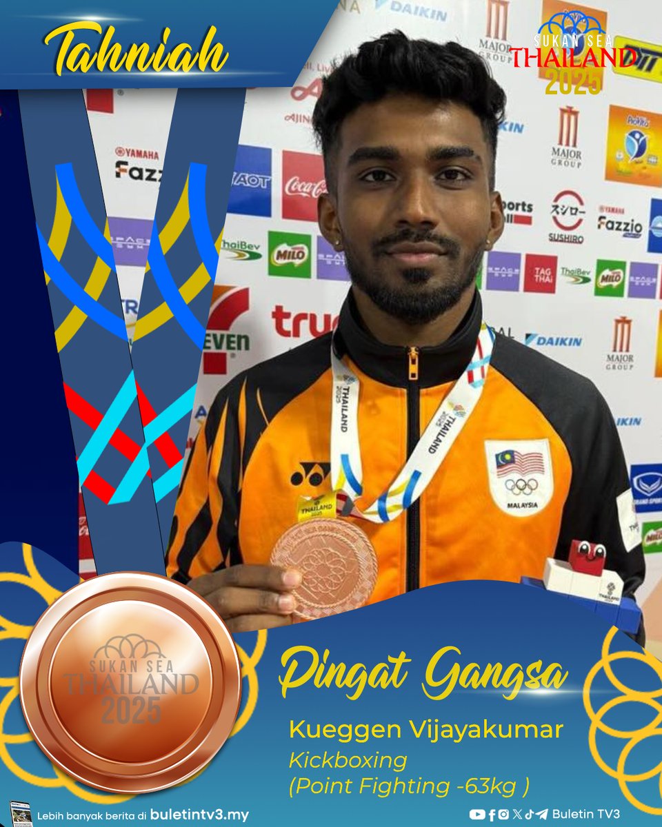 BuletinTV3's tweet photo. SUKAN SEA 2025 | Atlet kickboxing negara, Kueggen Vijayakumar berjaya meraih pingat gangsa dalam acara Point Fighting 63kg lelaki di Sukan SEA Thailand 2025.
#BuletinTV3 #SukanSEA2025 #Thailand #Gangsa #Kickboxing https://t.co/OBxcRyO58u