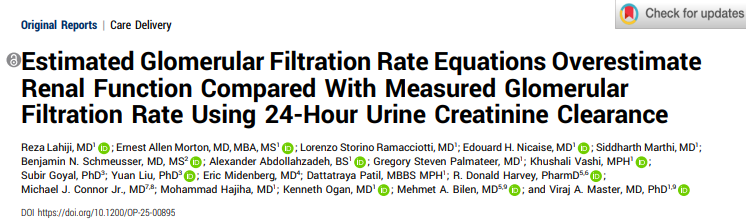 montypal's tweet photo. Important study from @RezaLahiji2 @virajmaster in @JCOOP_ASCO . In 72 pts w #kidneycancer, eGFR consistently overestimated renal function compared to measured GFR. Impt consideration as we consider pts for both #clinicaltrials & SOC procedures (e.g., #nephrectomy, #systemictherapy). Really nice work!