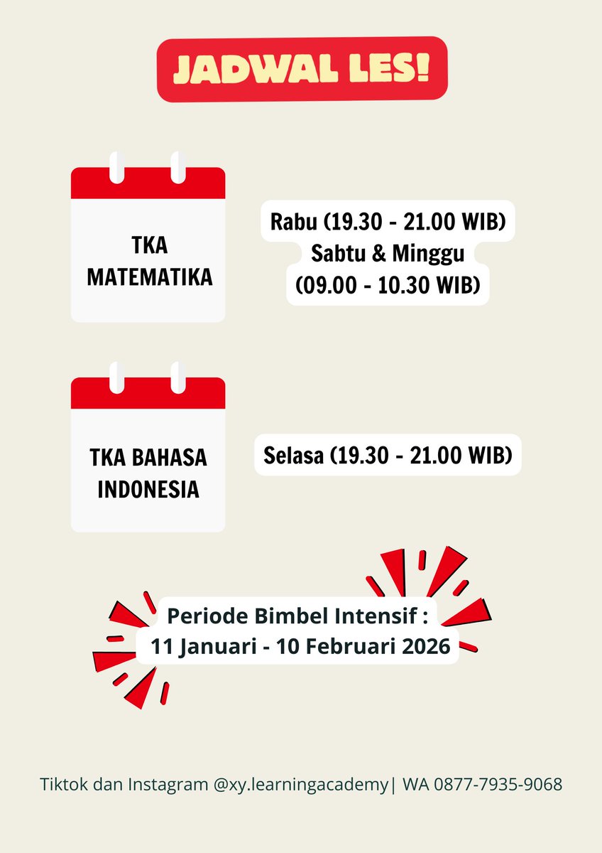 learning_xy's tweet photo. PERSIAPAN BIMBEL TKA SMP 2026!!

🔥 curi start dari sekarang
💡belajar mulai basic banget sampai jago menaklukkan soal TKA

Periode 11 januari 2026 - 10 februari 2026

#studytwt #tkasmp2026 #lesmatematikaonline #lesonline https://t.co/FahaK2pYYL