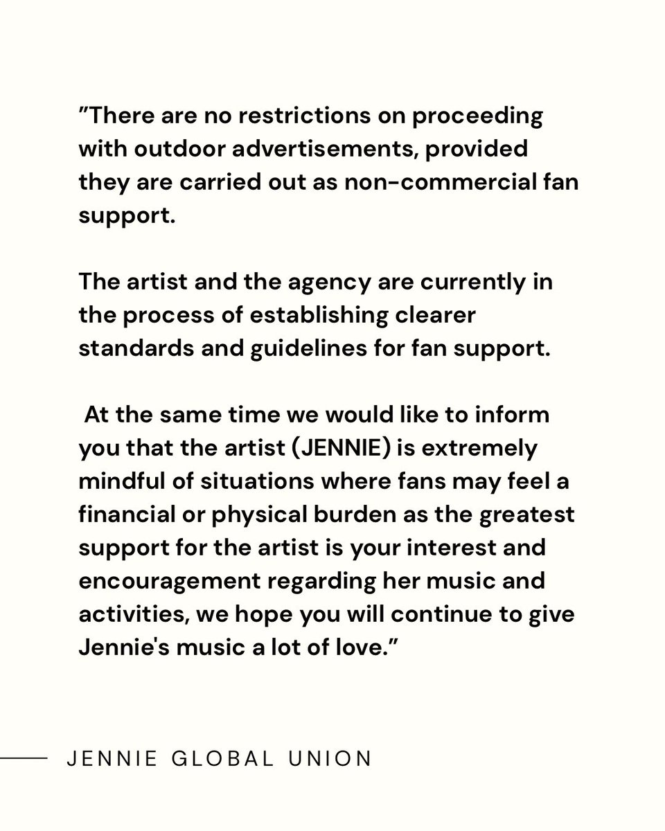 Jennie_Union's tweet image. 📢 JGU UPDATE FROM OA

We have recently inquired with OA for guidelines on fan support/project. Here is the excerpt from their response, with only relevant portion shared for privacy. 

"At the same time we would like to inform you that the artist (JENNIE) is extremely mindful of…