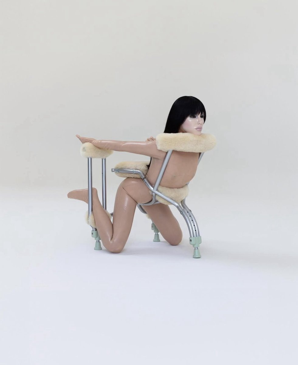 /// “Bio Pop- Bio Cart” crafted from painted stainless steel, plexiglass and shearling fur. / Bio Pop- Chair I, both created by Bianca Censori. lensed by Noah Dillon. Reminded me Allen Jones’ 1969 make of his infamous “Drawing for Chair” along with Cohen’s Interview Magazine.