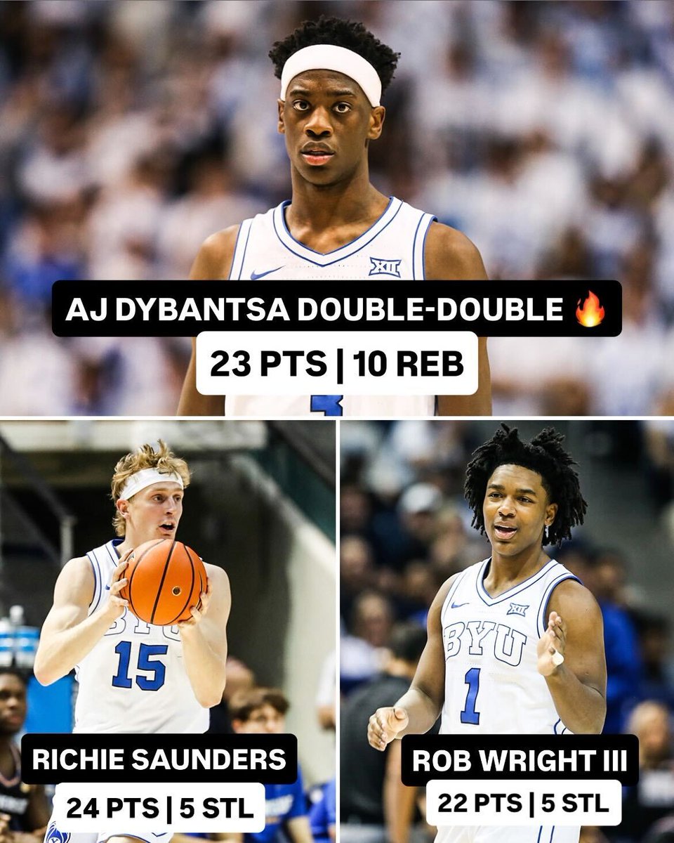 espn's tweet photo. THE BYU BIG THREE WENT OFF 😤 

This is the first time in the last 15 seasons BYU has had three different players score 22+ PTS in the same game 👏 https://t.co/7qDyv99GOZ