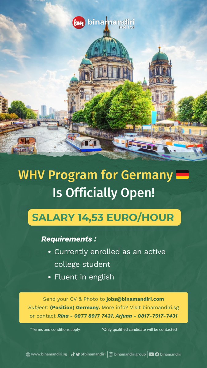BinamandiriM's tweet image. 🇩🇪 WHV GERMANY OFFICIALLY OPEN! 🇩🇪

Mahasiswa aktif kini punya kesempatan kerja sambil liburan di Jerman lewat Working Holiday Visa (WHV).

💶 Gaji €14,53/jam
🌍 Pengalaman kerja internasional
📚 Cocok untuk college student

#WHVGermany #KerjaKeJerman #WorkingHolidayVisa